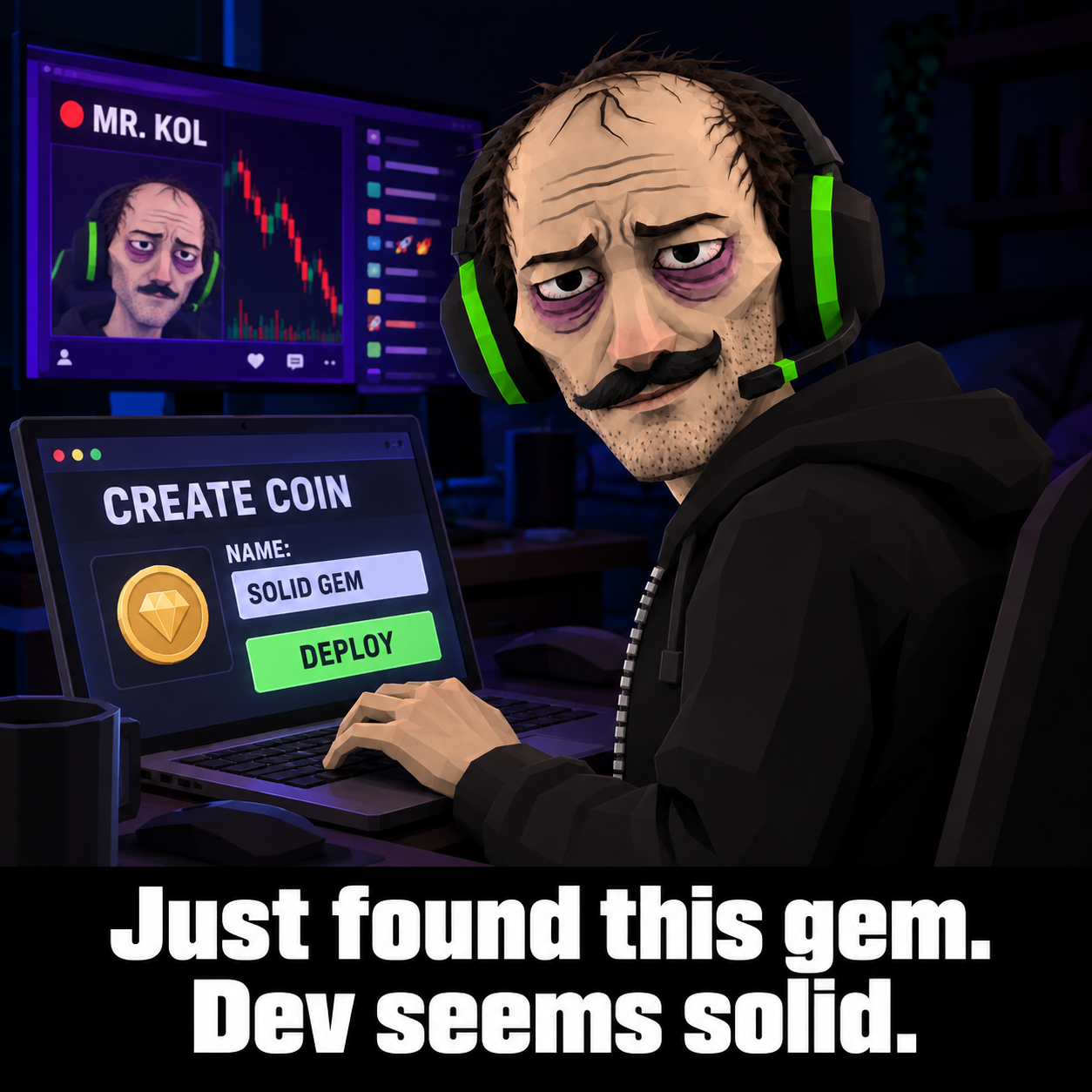 Mr. KOL wearing a fake mustache types on a laptop showing a “Create coin” form named Solid Gem with a Deploy button, while his own stream plays behind him.